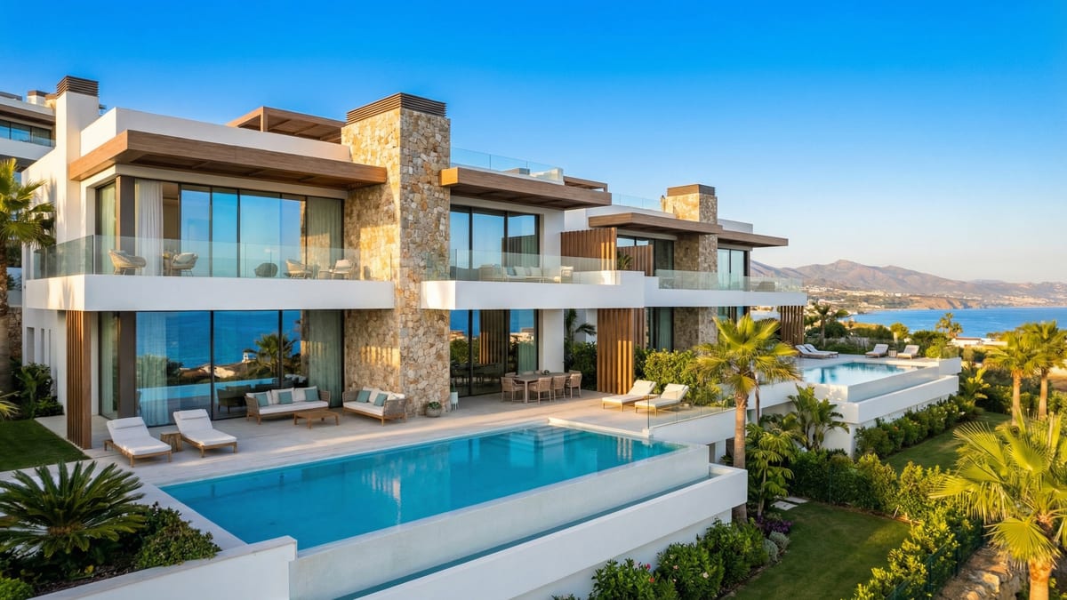 Upea näkymä luksusasunnoista Costa del Solilla, moderni Välimeren arkkitehtuuri, avarat terassit ja lasi-ikkunat, taustalla rannikko ja vuoret.