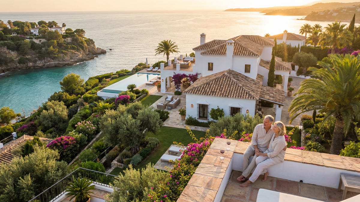 Aerial view af en luksuriøs villa ved stranden i Costa del Sol med hvidkalkede vægge og terracotta-tag, omgivet af frodige haver.