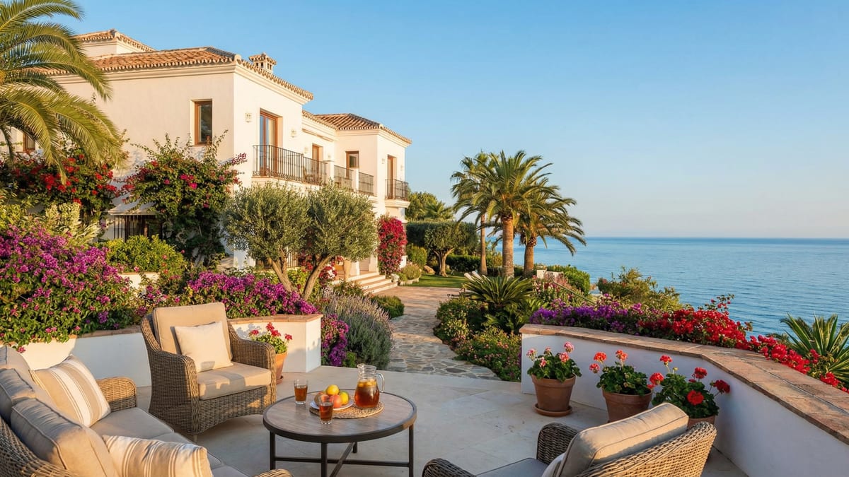 Charming Mediterranean villa in Costa del Sol surrounded by lush gardens and palm trees, reflecting retirement living with coastal views.