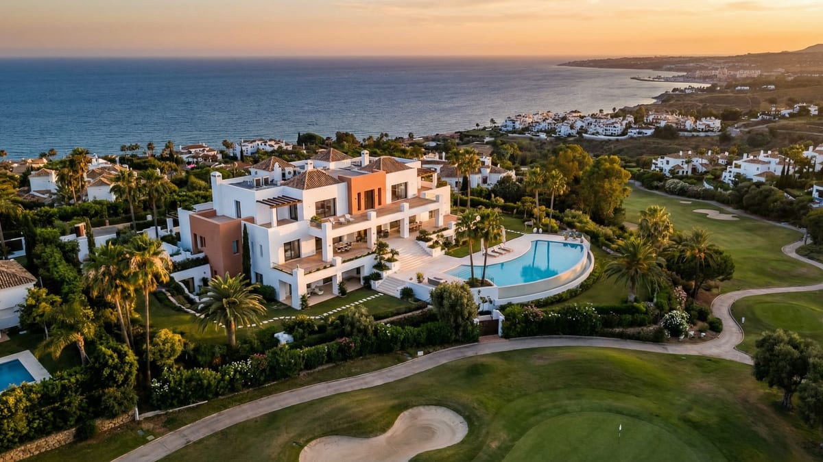 Aerial view of a luxurious modern villa in Marbella, Costa del Sol, with expansive terraces, infinity pool, and golf course, showcasing Mediterranean elegance.