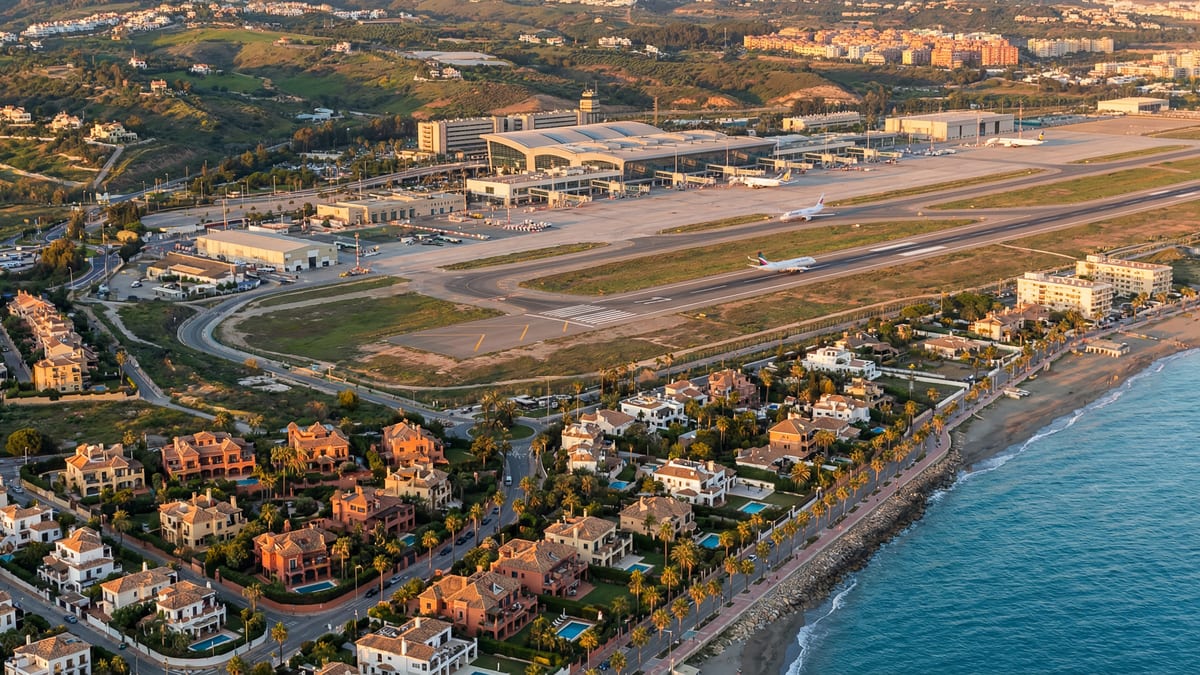 Aerial view of Málaga Airport with modern terminal, Costa del Sol coastline, luxury villas, and planes symbolizing growth in property values.
