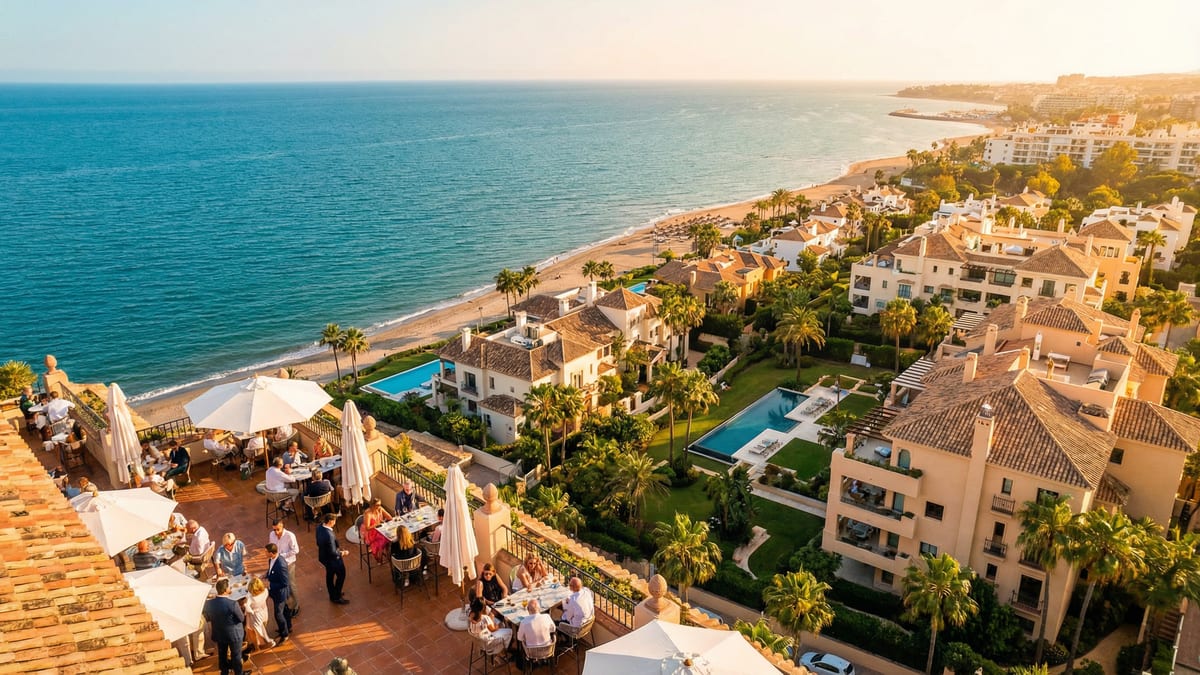 Vue aérienne de la Costa del Sol montrant des propriétés luxueuses à Marbella et Estepona, avec des plages de sable, des cafés animés et une ambiance méditerranéenne.