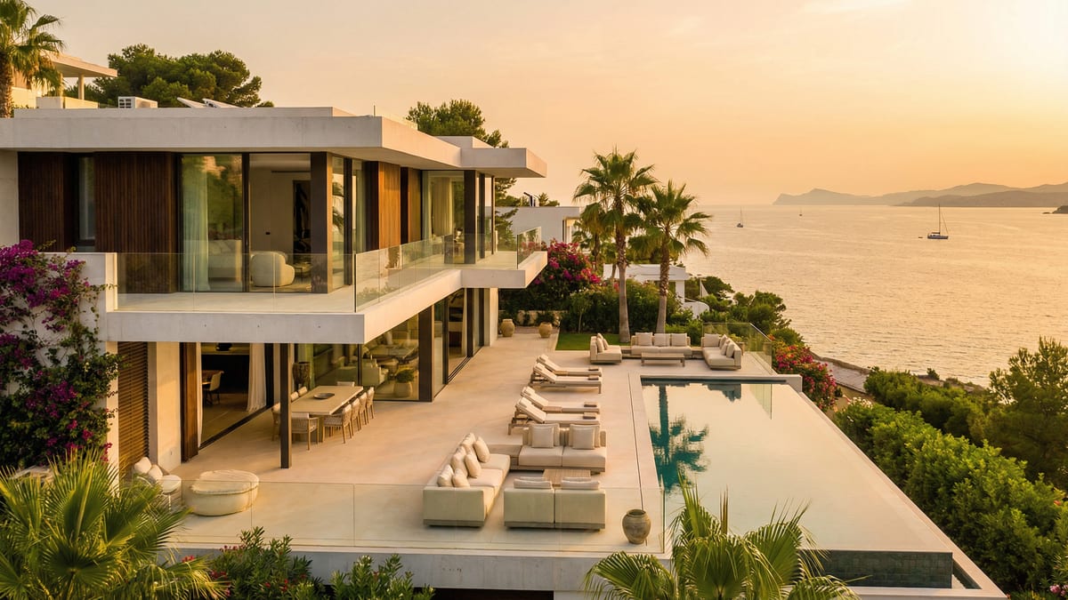 Vue époustouflante d'une résidence de luxe sur la Costa del Sol, avec architecture méditerranéenne moderne et terrasse ensoleillée surplombant la mer.