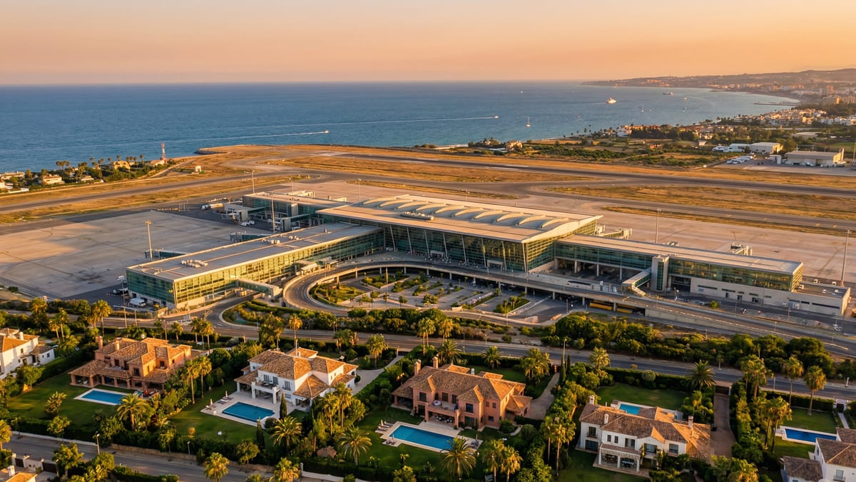 Aerial view of Málaga Airport with modern architecture, surrounded by the Costa del Sol coastline and luxury villas in golden hour sunlight.