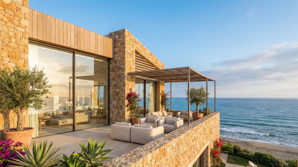 Vue apaisante d'une propriété côtière moderne sur la Costa del Sol, avec des fenêtres larges laissant entrer la lumière naturelle et une terrasse invitante.