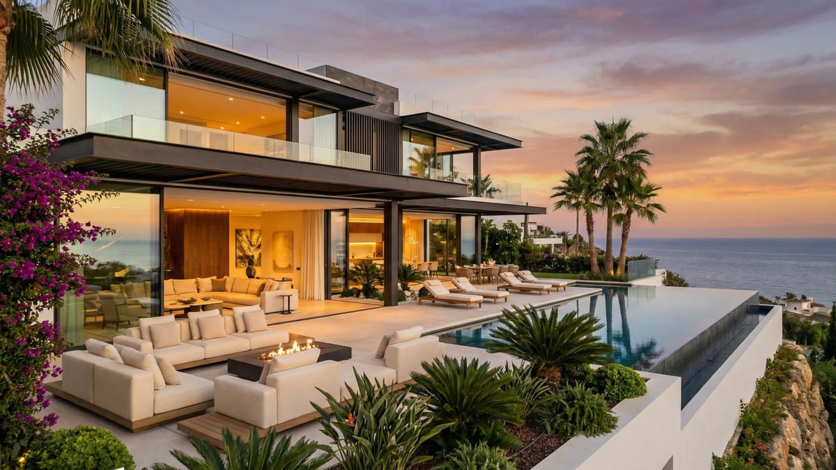 Vue spectaculaire d'une résidence de marque sur la Costa del Sol, mettant en avant une architecture moderne et des espaces de vie intérieurs et extérieurs.