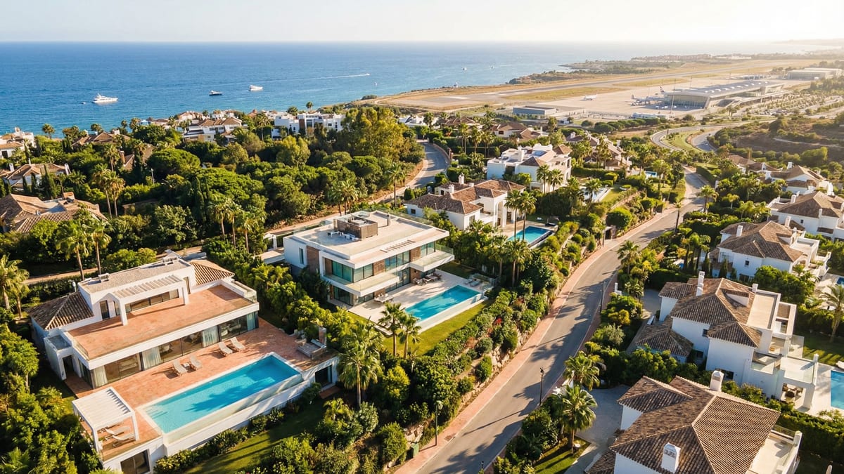 Widok z lotu ptaka na wybrzeże Costa del Sol z luksusowymi nieruchomościami w otoczeniu zieleni i Morza Śródziemnego, blisko lotniska w Maladze.