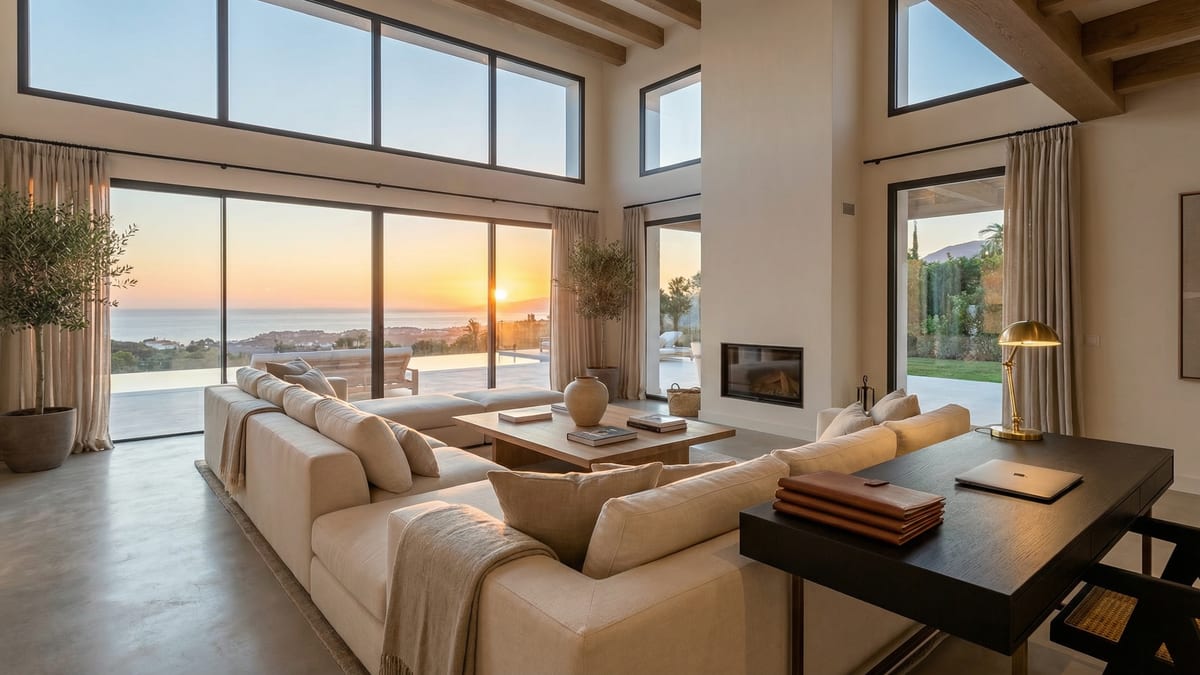 Elegant interior of a modern Costa del Sol property with large windows, showcasing a sunset view of the Mediterranean, emphasizing luxury and legal security.