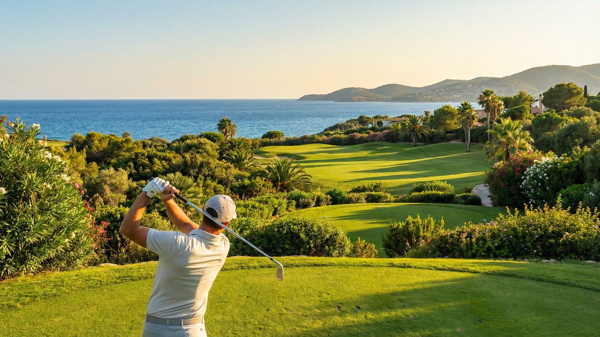 Golfari lyö palloa kauniilla golfkentällä Costa del Solissa, taustalla Välimeri ja vehreät mäet auringon paisteessa.