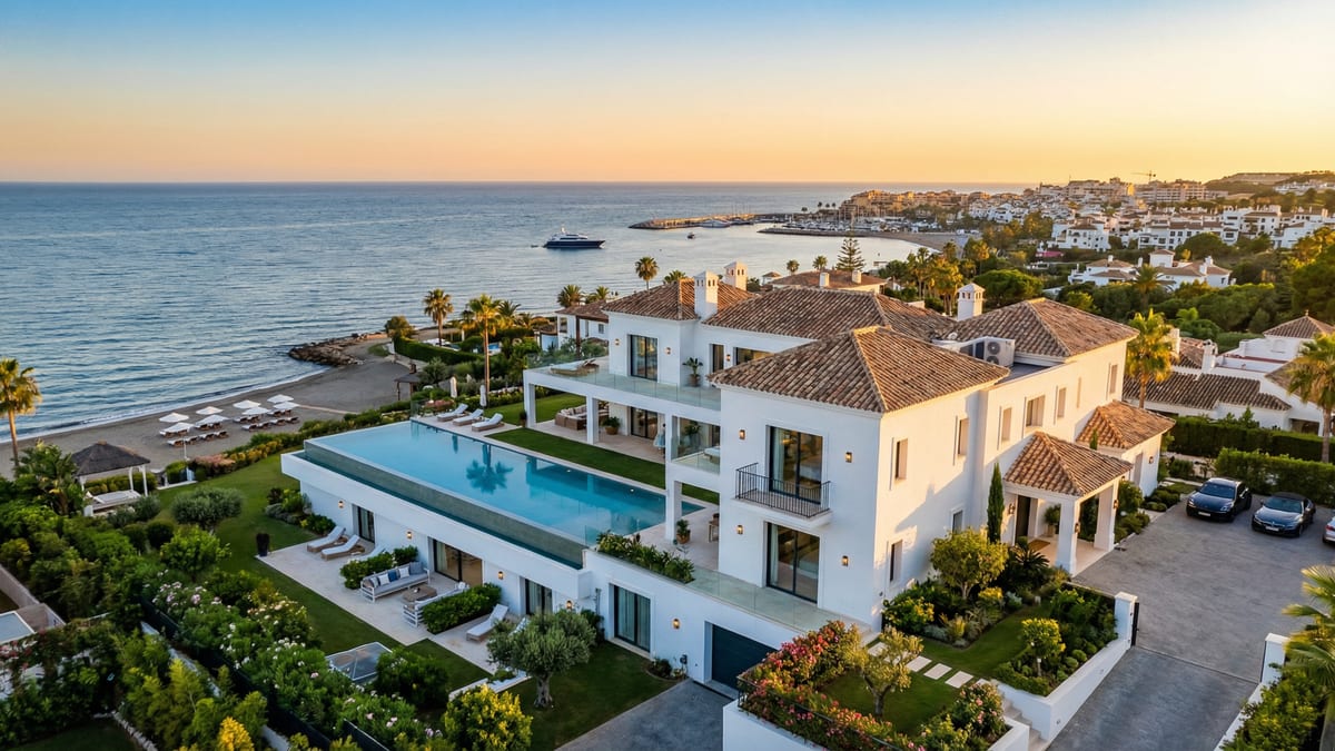 Aerial view af en luksuriøs villa i Costa del Sol med moderne middelhavsstil, infinity pool og udsigt over kystlinjen nær Málaga.