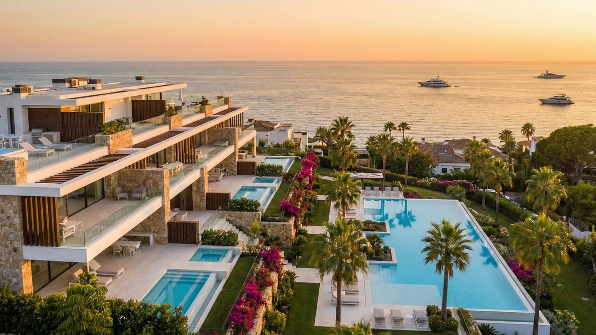 Aerial view of a luxurious branded residence in Costa del Sol, featuring modern architecture, expansive terraces, and a sparkling infinity pool overlooking the Mediterranean Sea.
