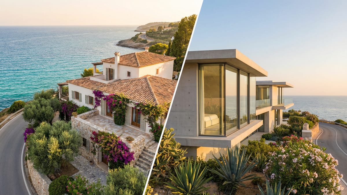 Zachwycająca scena z podziałem: willa w stylu śródziemnomorskim z terakotowymi dachami i nowoczesny dom z dużymi oknami na Costa del Sol.