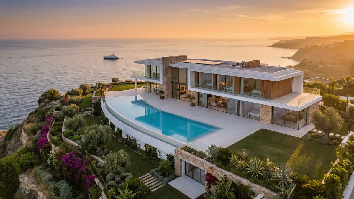 Aerial view of a contemporary new-build villa on the Costa del Sol, featuring expansive glass facades, an infinity pool, and lush gardens against the Mediterranean backdrop.