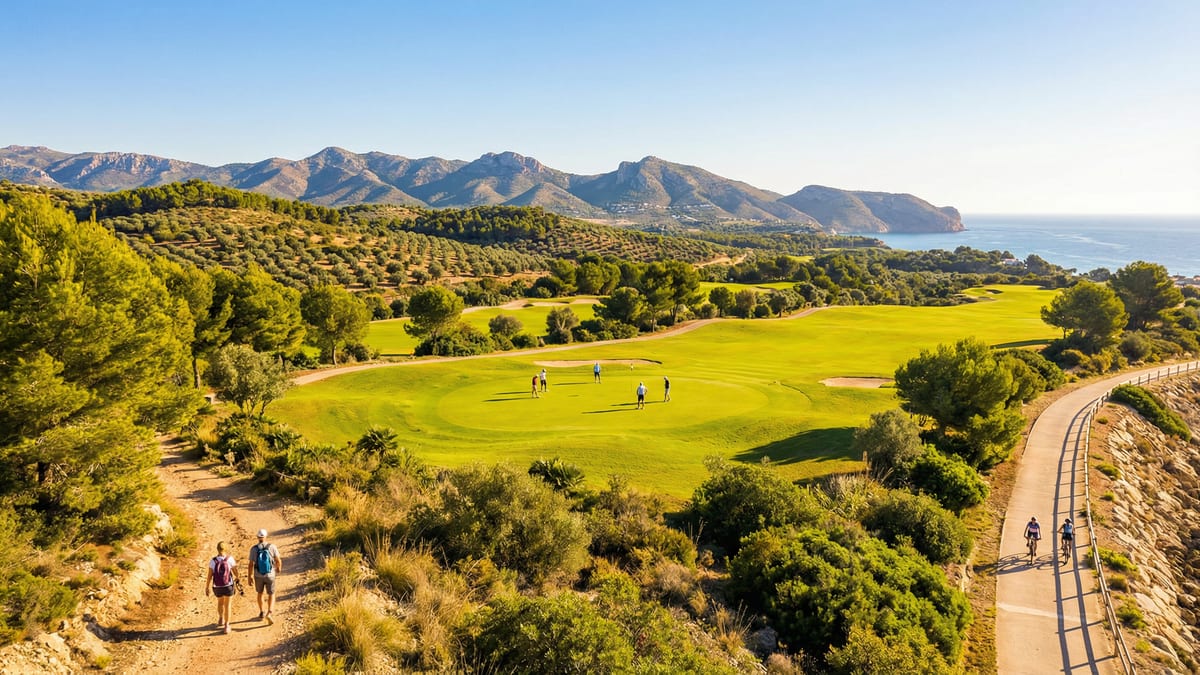A Costa del Sol gyönyörű golfpályája, amelyen játékosok aktívan sportolnak a tiszta kék ég alatt, háttérben hegyekkel és zöldellő növényzettel.