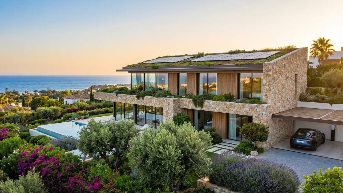 Modern energy-efficient villa in Costa del Sol featuring large windows, green roof, and solar panels amidst Mediterranean vegetation.