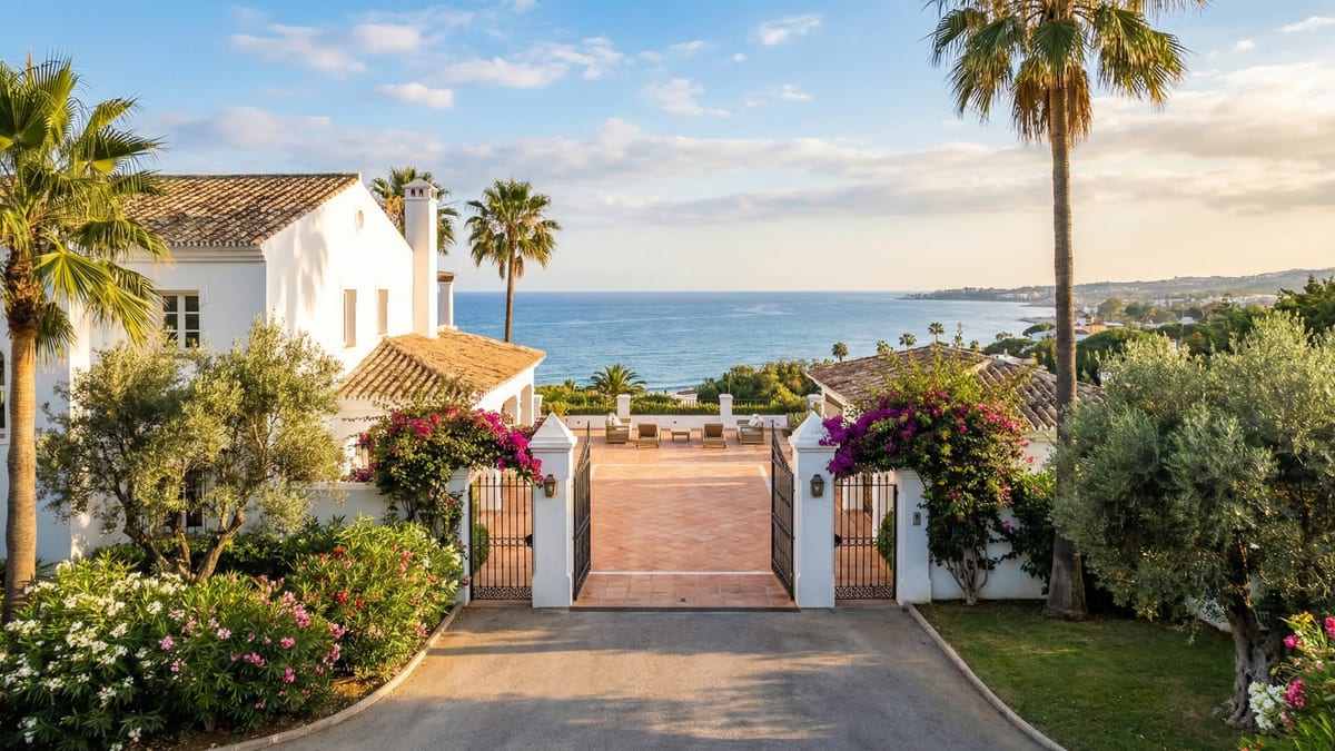 Elegant coastal villa in Marbella, Costa del Sol, showcasing grand entrance and terrace with stunning Mediterranean views.