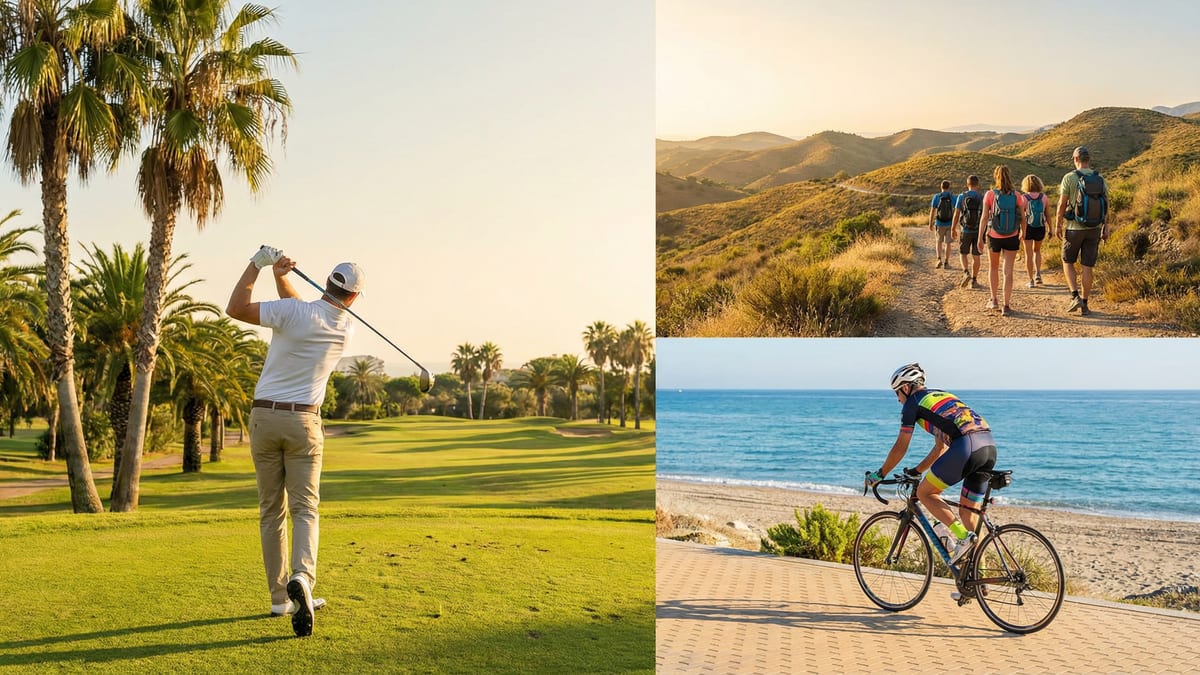 A lively outdoor scene in Costa del Sol featuring a golfer swinging, a cyclist on a coastal path, and hikers on scenic hills under a clear blue sky.