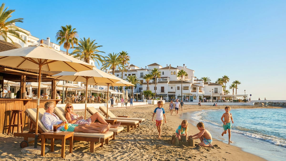 Familj njuter av en solig dag på stranden i Puerto Banús, Costa del Sol, med gyllene sand, lekande barn och palmträd.