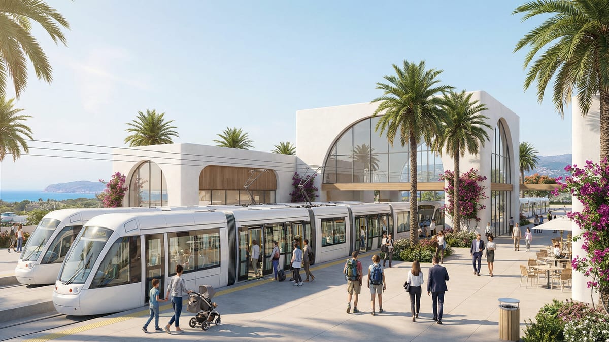 Moderni Costa del Solin julkisen liikenteen keskus, jossa ihmiset nousevat ja laskeutuvat nykyaikaisista Cercanías-junista. Viihtyisä ympäristö, kirkas taivas.