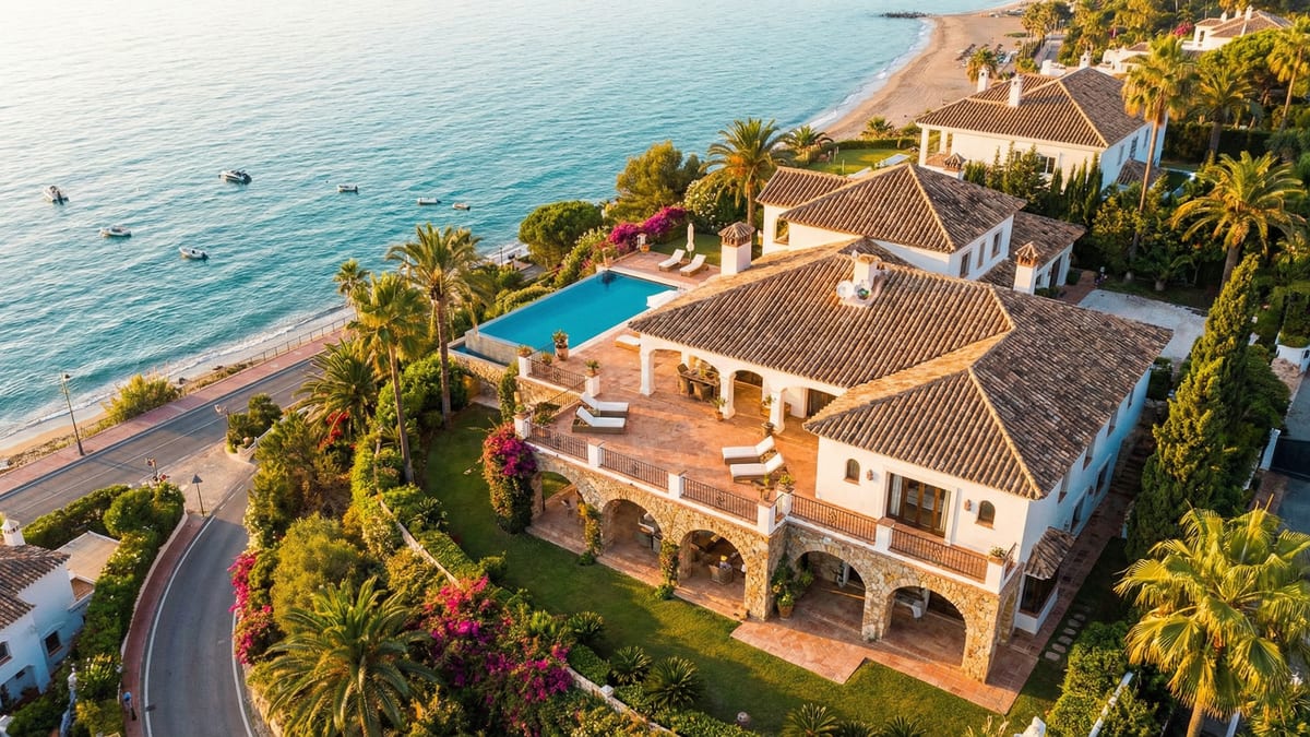 Luftfoto af en luksuriøs villa i Marbella, Costa del Sol, med terracotta-tag, store terrasser og smukke haver ved solnedgang.