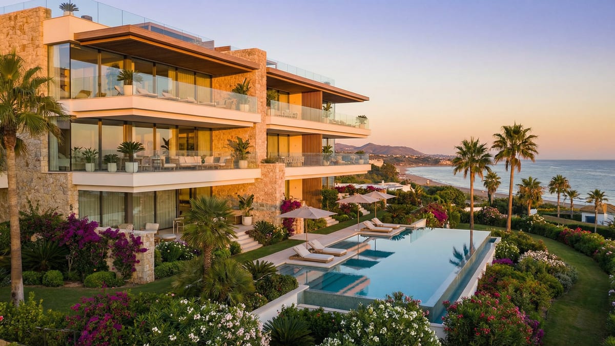 Modern branded residence in Costa del Sol with sleek architecture, luxurious balconies, ocean views, and lush Mediterranean landscaping at golden hour.