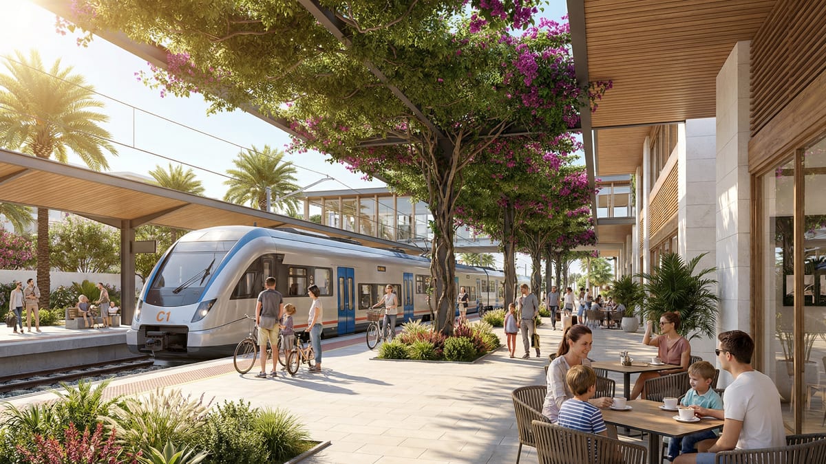 A modern train station in Costa del Sol with a C1 train arriving, surrounded by palm trees and greenery, showcasing a vibrant community atmosphere.