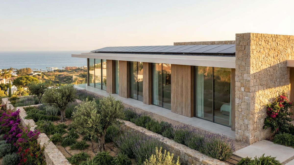 A modern energy-efficient home in Costa del Sol, featuring solar panels, large windows, and lush Mediterranean landscaping, set against a vibrant coastline.