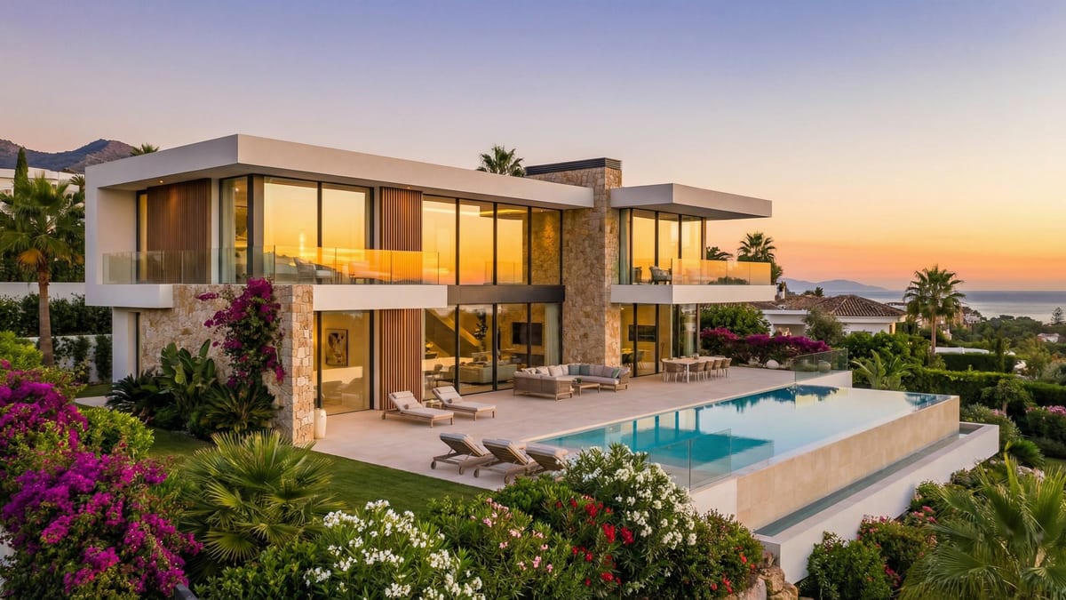 Modern villa in Costa del Sol with elegant architecture, large glass windows, lush greenery, and a sparkling pool, embodying luxury living.