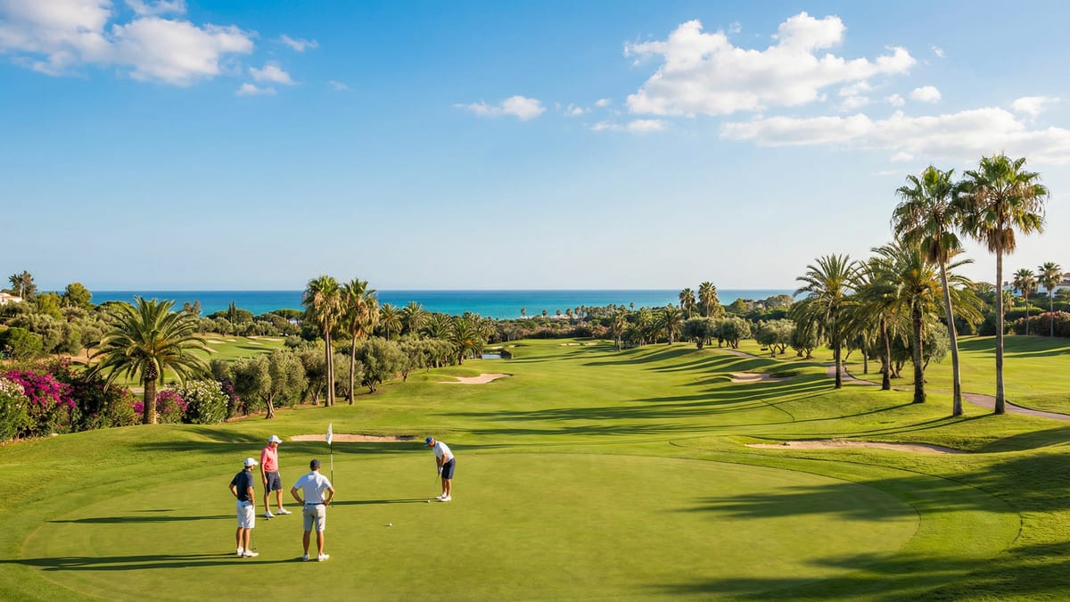 A vibrant golf course on Costa del Sol with golfers in activewear, lush palm trees, and a bright blue sky, showcasing the region's outdoor sports appeal.