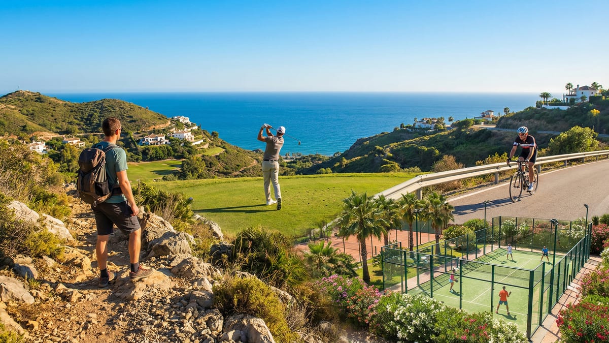 En aktiv livsstil på Costa del Sol med en golfare som slår ut på en solig bana vid Medelhavet, cyklister och padelspelare i bakgrunden.