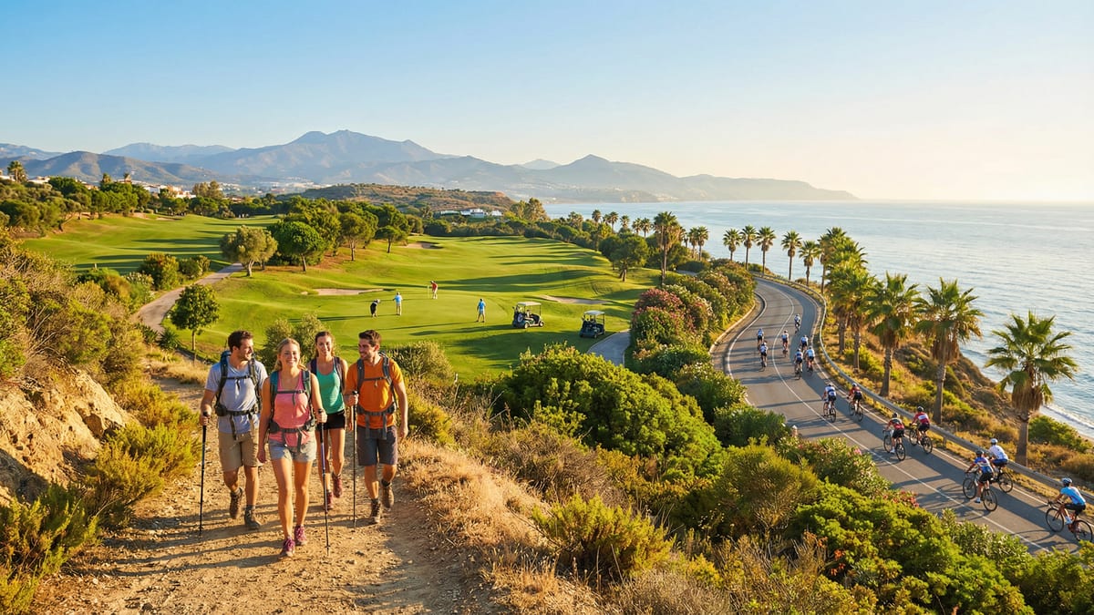 En solbelyst golfbana i Costa del Sol med spelare, omgiven av grönska och fjärran berg, med vänner som vandrar och cyklister på en palmträdskantad väg.