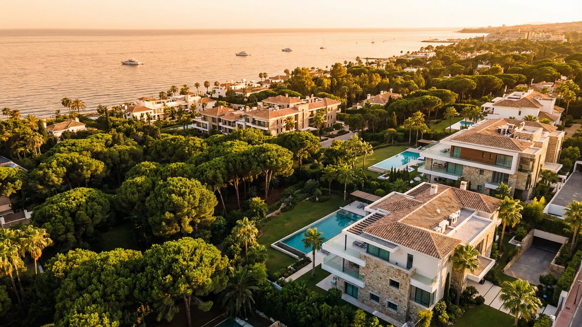 Luftbilde av Costa del Sol som viser luksuriøse eiendommer i Marbella, Estepona og Fuengirola, omfavnet av det glitrende Middelhavet.
