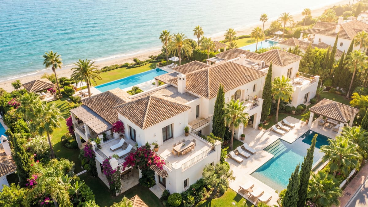 Luftbilde av en luksuriøs merkevarebolig på Costa del Sol, med elegant arkitektur og frodige hager mot den blå middelhavs sjøen.