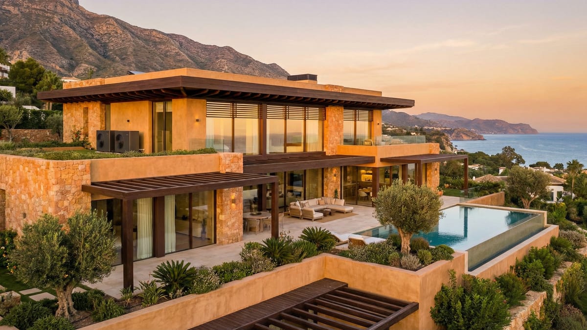 En hybridvilla på Costa del Sol 2026 som visar en blandning av medelhavskaraktär och modern design, med naturligt ljus och vackra omgivningar.