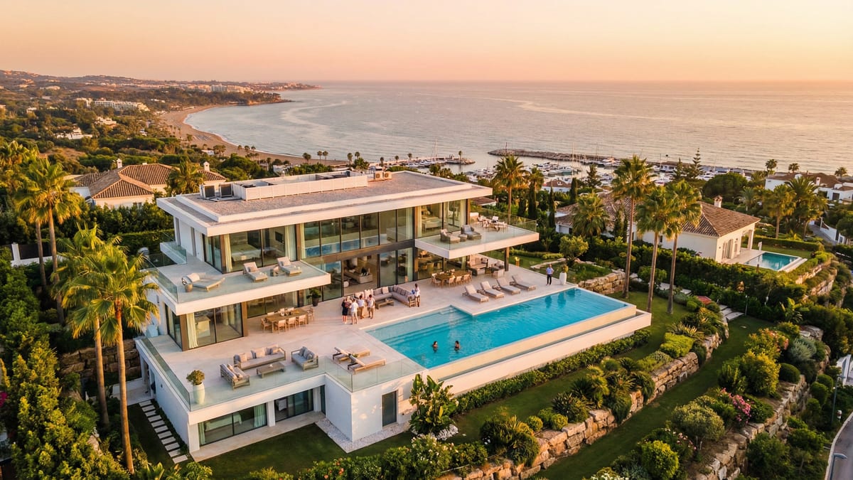 Luftbild av en modern villa i Marbella på Costa del Sol med elegant design, pool och medelhavsträdgårdar i gyllene solnedgång.