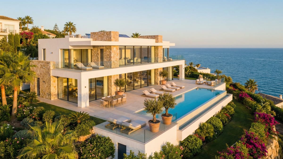 Lyxigt varumärkesresidens på Costa del Sol med modern medelhavsstil, stora glasfönster och fantastisk havsutsikt.