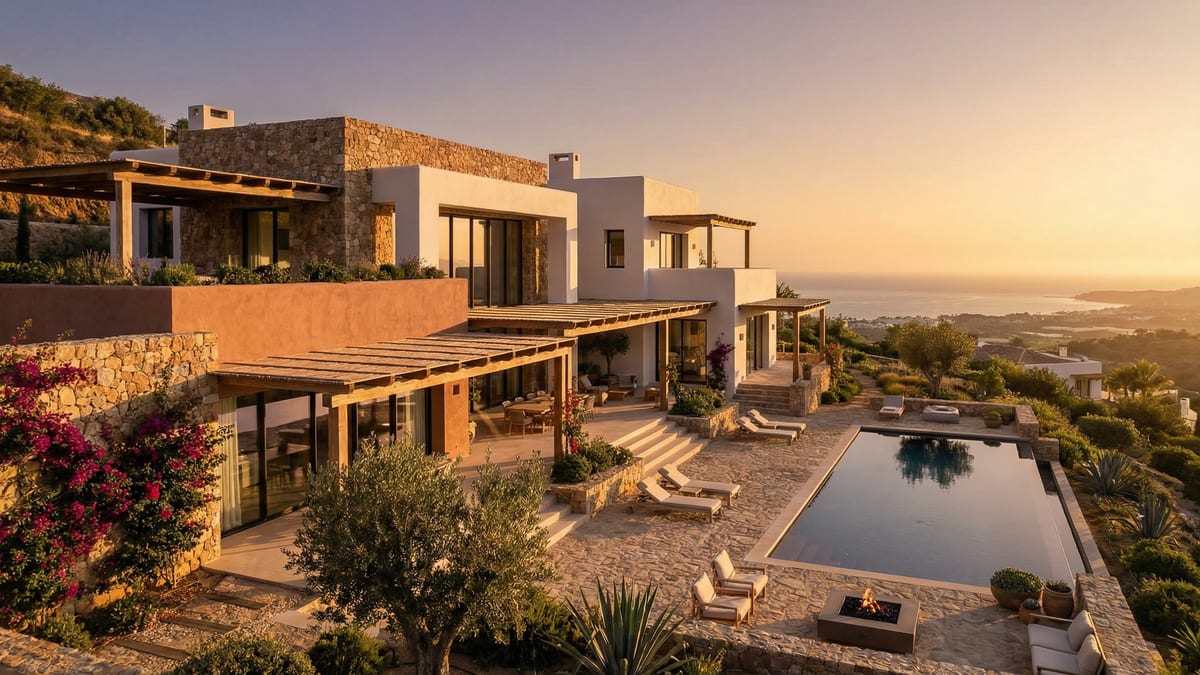 Moderne middelhavsvilla i Costa del Sol med tradisjonelle og moderne arkitekturtrekk, omgitt av frodig grønnskap og kystlinje.