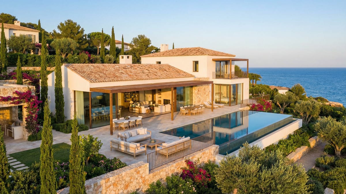 Modern medelhavsvilla i Costa del Sol med traditionella andalusiska inslag, omgiven av grönska och det glittrande blå Medelhavet.