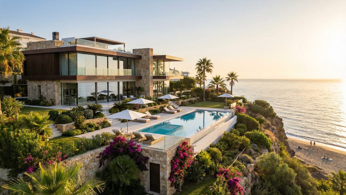 Lyxig bostad på Costa del Sol med modern arkitektur, infinity pool och vacker havsutsikt. Omgiven av trädgårdar och palmer.