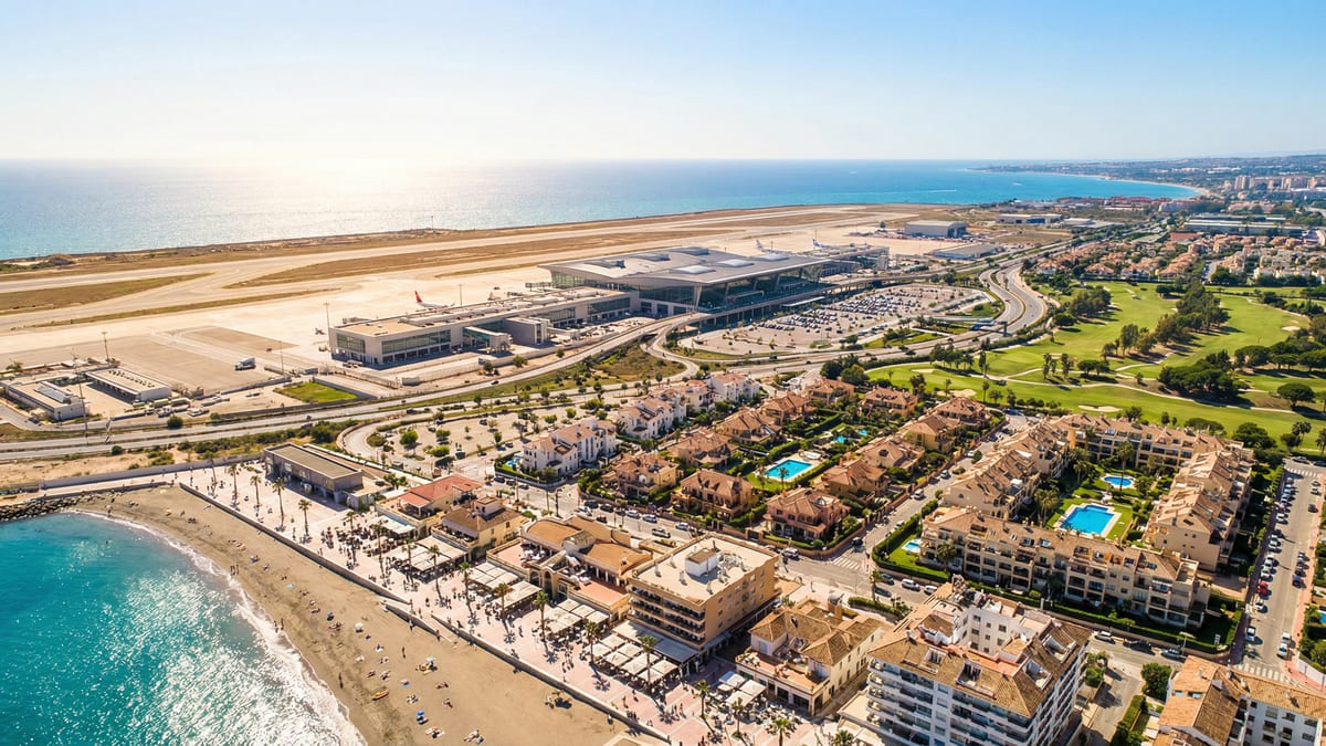 Luftaufnahme des Flughafens Málaga-Costa del Sol mit modernen Einrichtungen, angrenzenden Wohngebieten und der wunderschönen Mittelmeerküste. Menschen genießen Cafés und Strände in der Nähe.