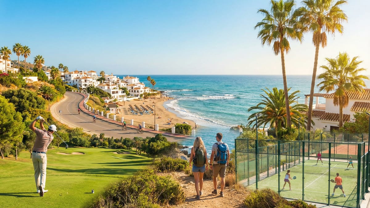 Scène vibrante de vie active à la Costa del Sol avec des golfeurs, randonneurs et joueurs de padel, sous un ciel bleu et des palmiers.