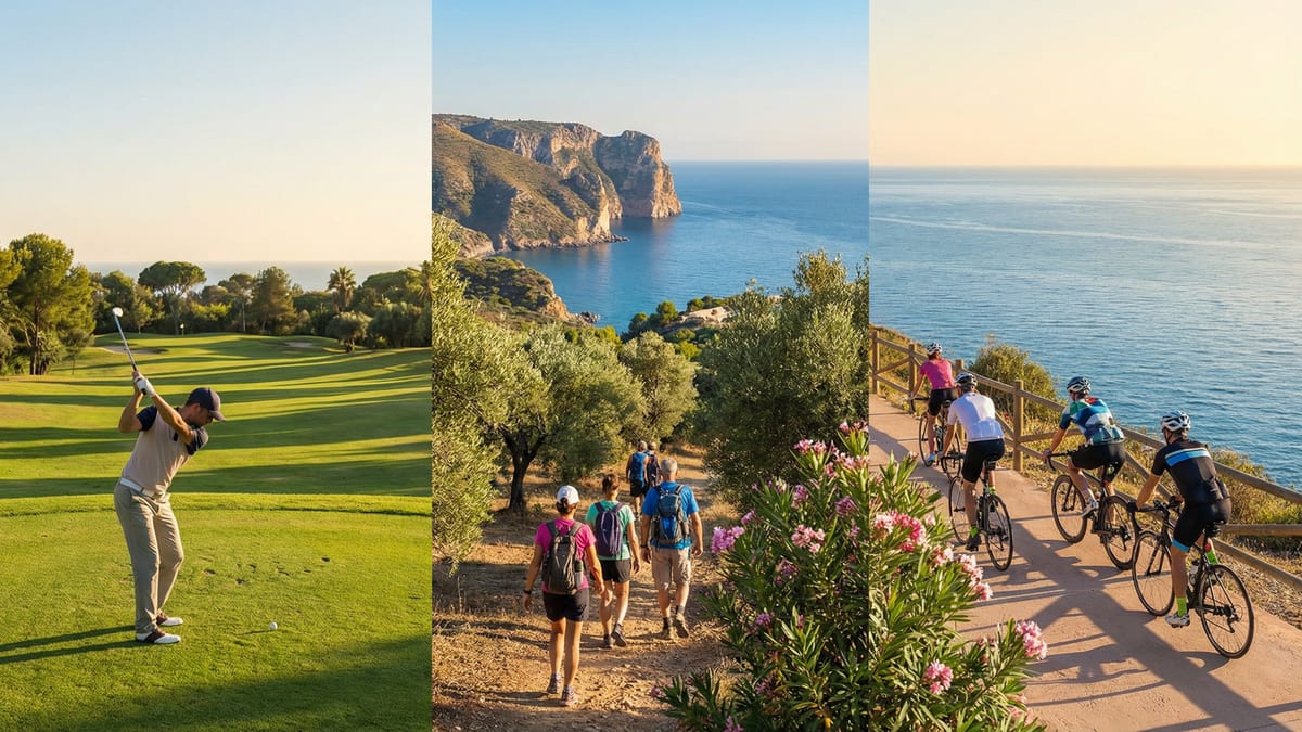 Vibrantti Costa del Sol -maisema, jossa golfari lyö palloa, vaeltajat tutkimassa polkua ja pyöräilijät ajamassa rantatietä pitkin.