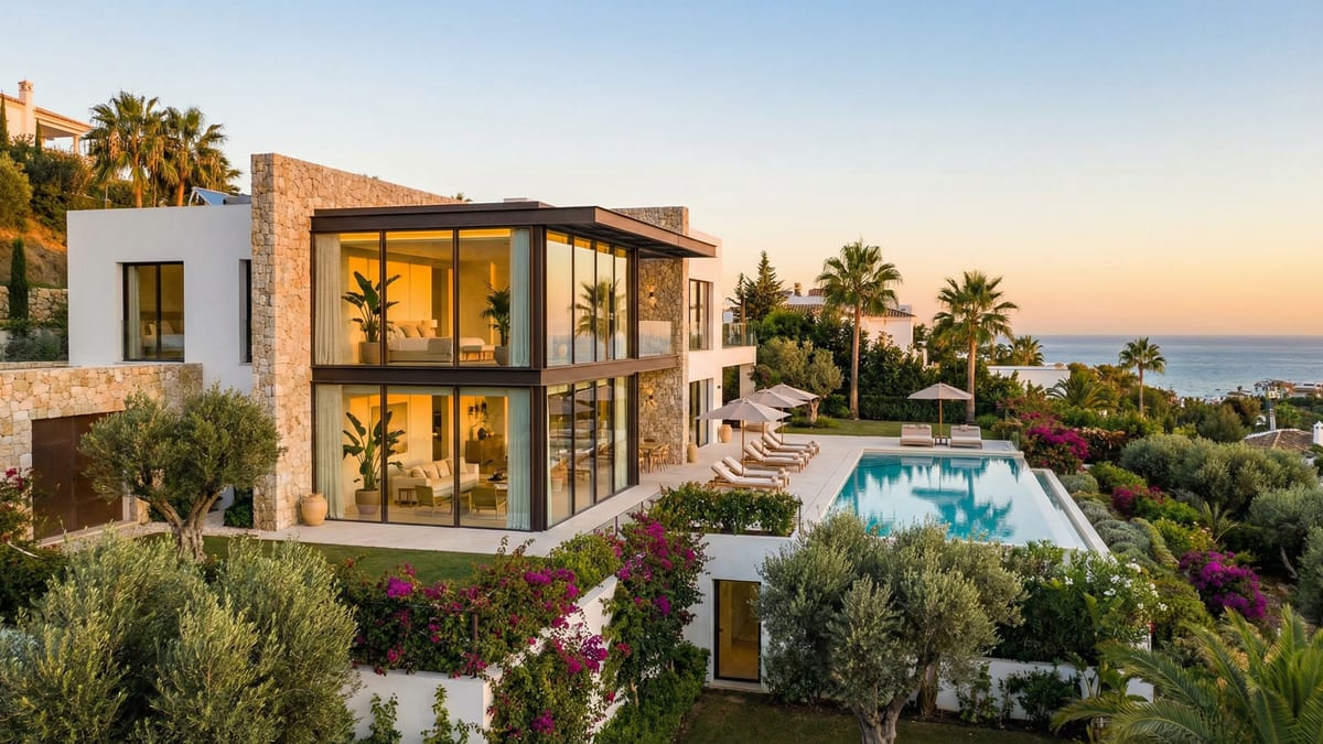 Moderne villa i Costa del Sol med elegant facade, store vinduer og luksuriøs udendørs terrasse med swimmingpool og udsigt til Middelhavet.