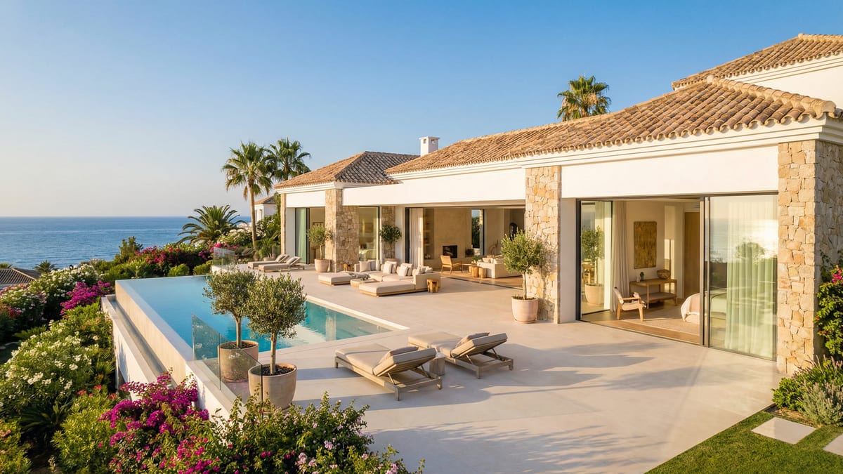 Moderne villa med andalusiske elementer på Costa del Sol, med åpne rom, naturlig lys og utsikt over Middelhavet.