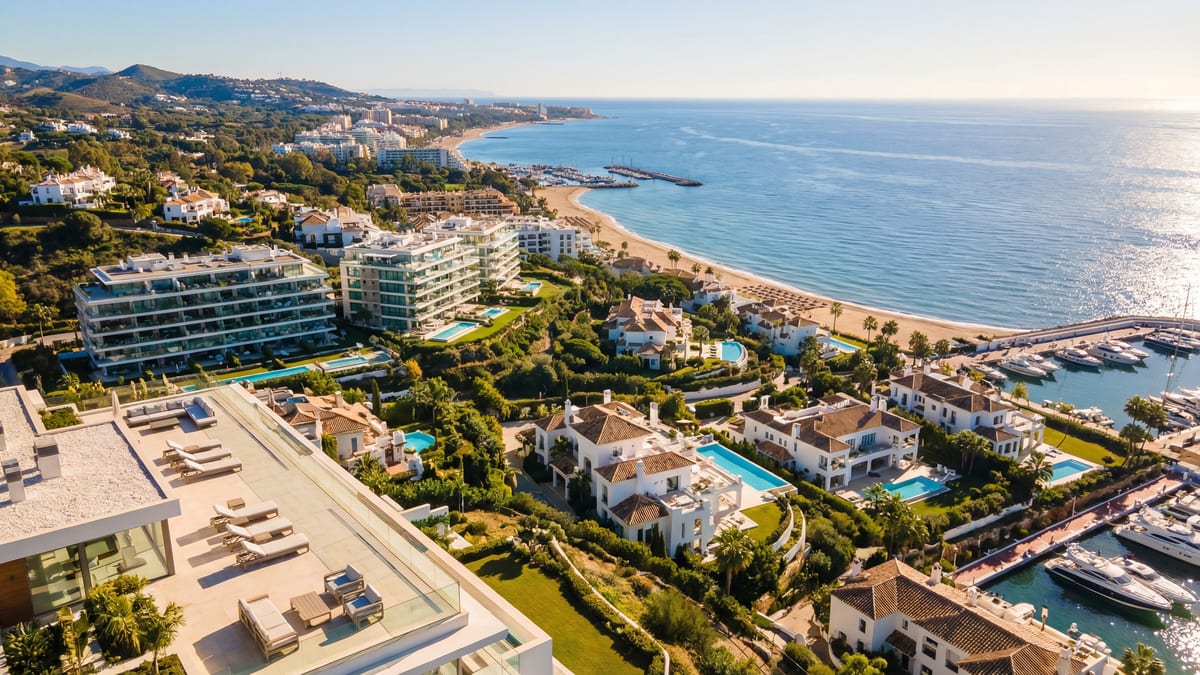 Luchtfoto van de Costa del Sol met luxe villa's en moderne appartementen in Marbella, Estepona, Mijas, Benalmádena en Fuengirola, met een helderblauwe zee en gouden stranden.