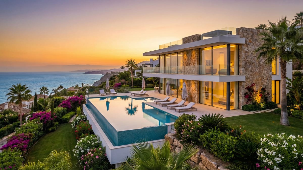 Een luxueuze branded residence aan de Costa del Sol met moderne architectuur, grote glazen ramen en een infinity pool met uitzicht op de Middellandse Zee.