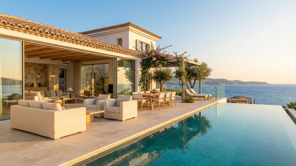 Mediterranes Luxuswohnhaus an der Costa del Sol mit eleganter Architektur, Infinity-Pool und atemberaubendem Blick auf das Mittelmeer.