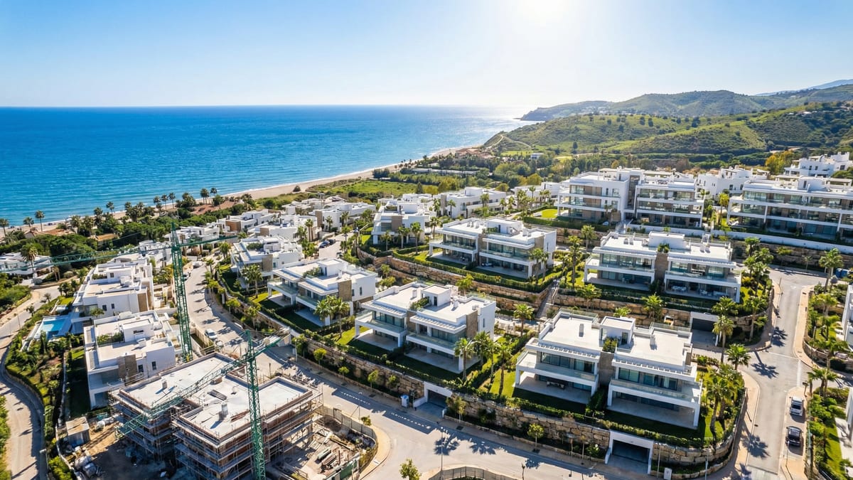 Aerial view of modern off-plan property development in Costa del Sol, showcasing sleek architecture against the Mediterranean landscape.