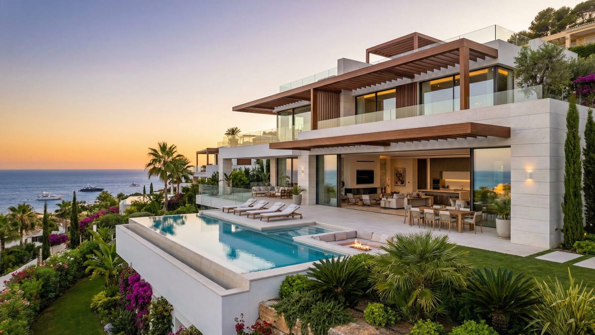 Luxurious branded residence on Costa del Sol with Mediterranean architecture, infinity pool, and panoramic coastline views at golden hour.
