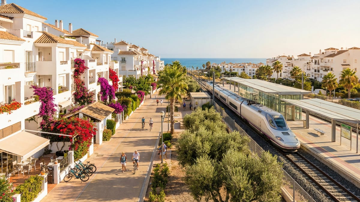 Współczesna dzielnica Costa del Sol z białymi budynkami, terakotowymi dachami i nowoczesnym pociągiem, symbolizującym dostępność transportu publicznego.